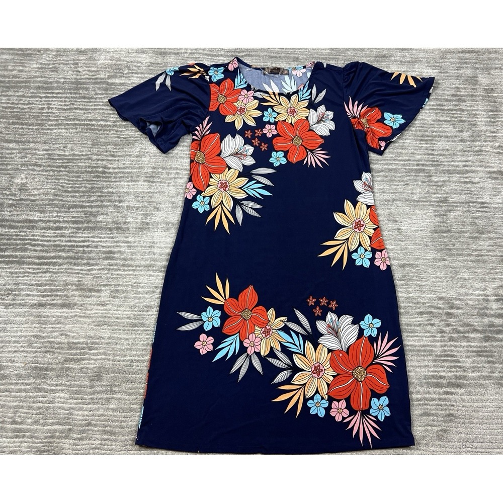Alexandra + Oak Dress Womens Medium Blue Floral Short Sleeve‎ Sheath Knee Length